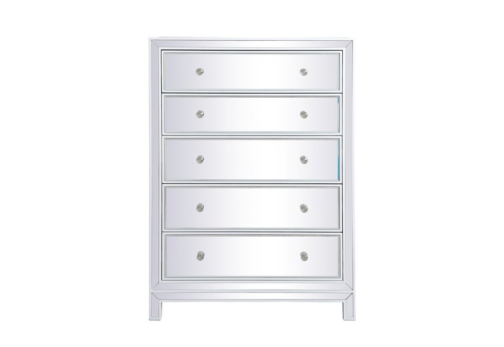 34 Inch Mirrored Five Drawer Cabinet in White